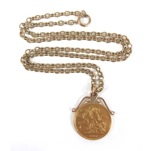 299 - A Victorian gold double sovereign, 1887, with pendant mount on a 9ct gold chain, 66cm long, total we... 