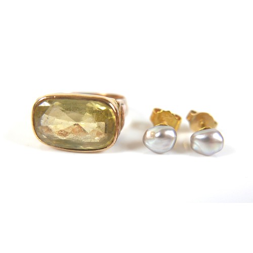 165 - A pair of 14ct gold pearl earrings, 1.0g, together with and a gold citrine set ring tests to approxi... 