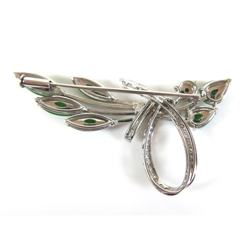 305 - A 14ct white gold diamond and jade set suite of jewellery, comprising a spray brooch, 60mm, a ring, ... 