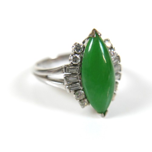 305 - A 14ct white gold diamond and jade set suite of jewellery, comprising a spray brooch, 60mm, a ring, ... 