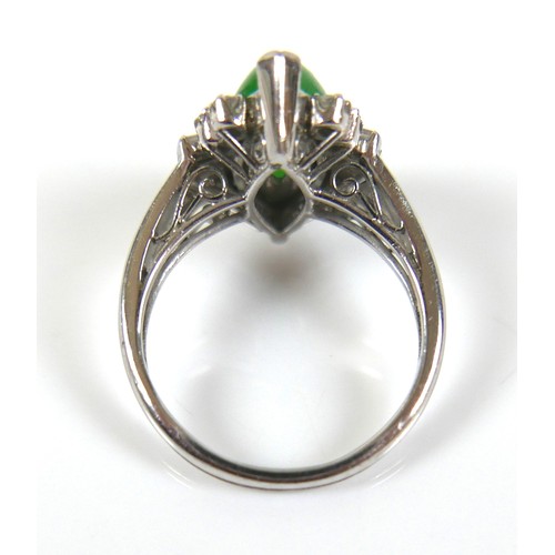 305 - A 14ct white gold diamond and jade set suite of jewellery, comprising a spray brooch, 60mm, a ring, ... 