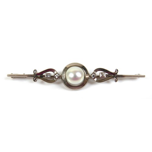 254 - An 18ct white gold, diamond and pearl brooch, sponsor GF&Co, 65mm, 6.8g.