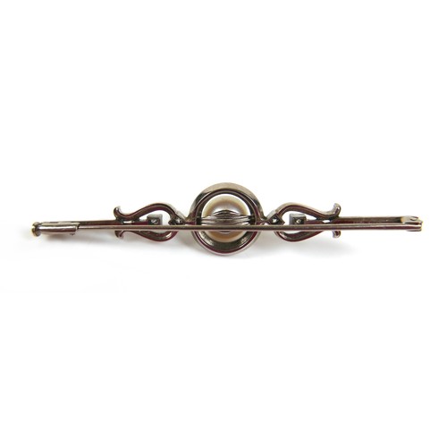 254 - An 18ct white gold, diamond and pearl brooch, sponsor GF&Co, 65mm, 6.8g.