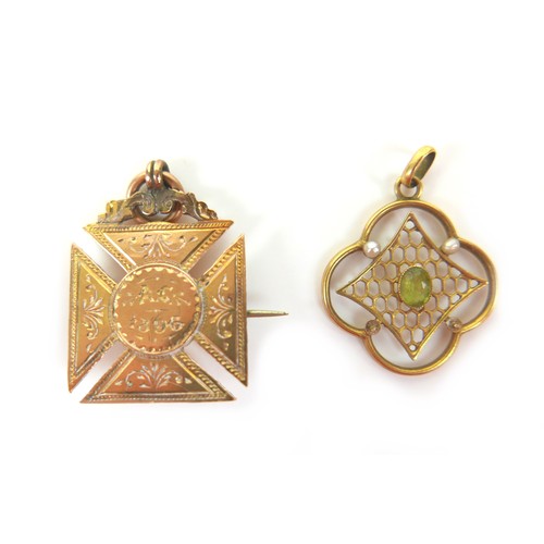 180 - A Victorian 9ct yellow gold cross shaped pendant brooch, 5.9g, together with a 15ct gold pendant 1.8... 