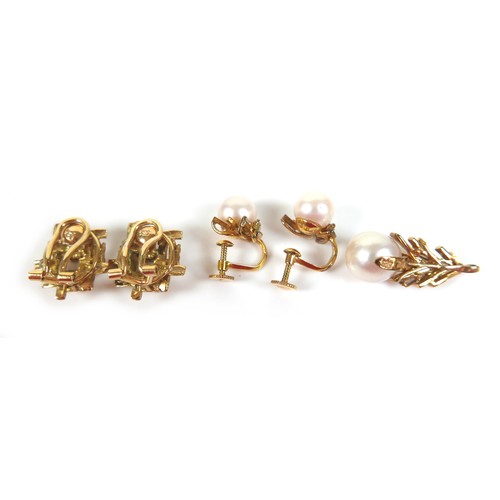 256 - A pair of 14ct yellow gold bark effect clip earrings, a pair of 14ct pearl earring, and a 14ct gold ... 