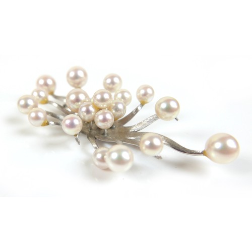 257 - A 14ct white gold multi branch pearl brooch, marked CECIL, 70 by 35mm, 15.8g.