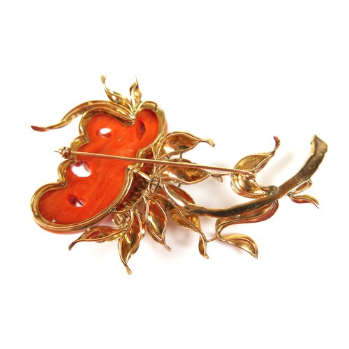 303 - A 14ct yellow gold coral brooch, carved as a flower, 90mm by 55mm, 52.3g.