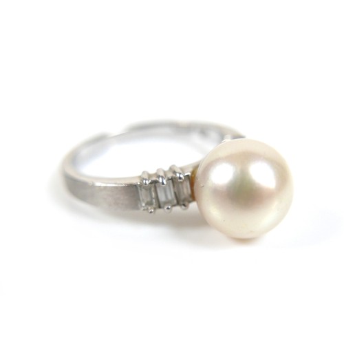 274 - A 14ct white gold, diamond and pearl ring, size L/M, and a pair of near matching earrings, pearls 9 ... 