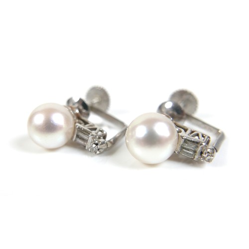 274 - A 14ct white gold, diamond and pearl ring, size L/M, and a pair of near matching earrings, pearls 9 ... 