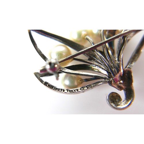 218 - A Mikimoto pearl and white metal floral spray brooch, 35mm wide, 6.2g.