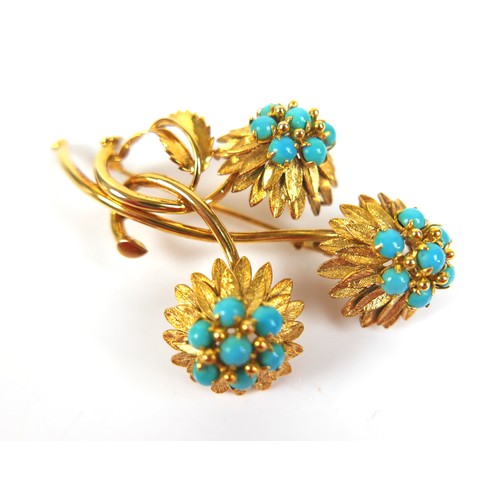 292 - A 14ct yellow gold and turquoise foliate brooch, 45 by 65mm, together with a pair of matching screw ... 