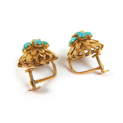 292 - A 14ct yellow gold and turquoise foliate brooch, 45 by 65mm, together with a pair of matching screw ... 