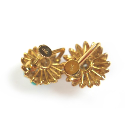 292 - A 14ct yellow gold and turquoise foliate brooch, 45 by 65mm, together with a pair of matching screw ... 