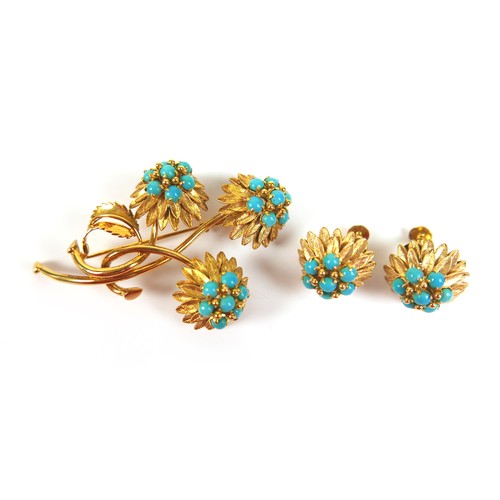 292 - A 14ct yellow gold and turquoise foliate brooch, 45 by 65mm, together with a pair of matching screw ... 