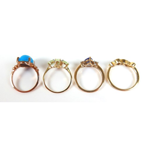 214 - Four 9ct gold dress rings, with assorted stones, including a mint garnet and diamond cluster ring, s... 