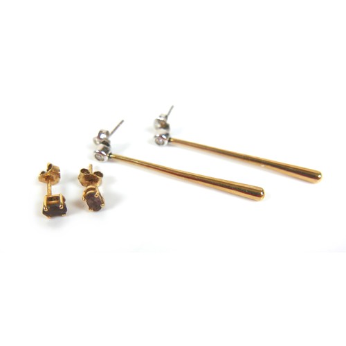 168 - Two pairs of gold earrings, comprising a 9ct gold and diamond drop earrings, each earring inset with... 