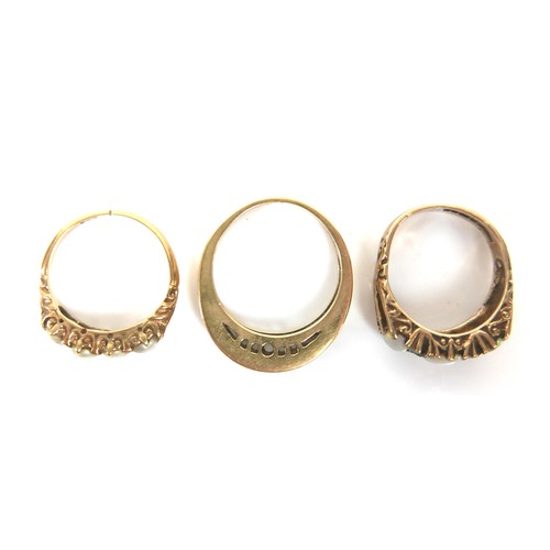 192 - A group of three gold rings, comprising a 9ct yellow gold dress ring set with three oval opals, larg... 