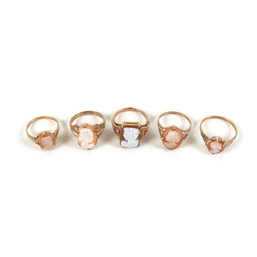 242 - A group of five 9ct gold cameo rings, sizes J to O, largest 15 by 10mm, 11.7g total. (5)