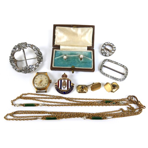 138 - A small group of jewellery, comprising three paste set buckles, a pair of 9ct gold and pearl set shi... 