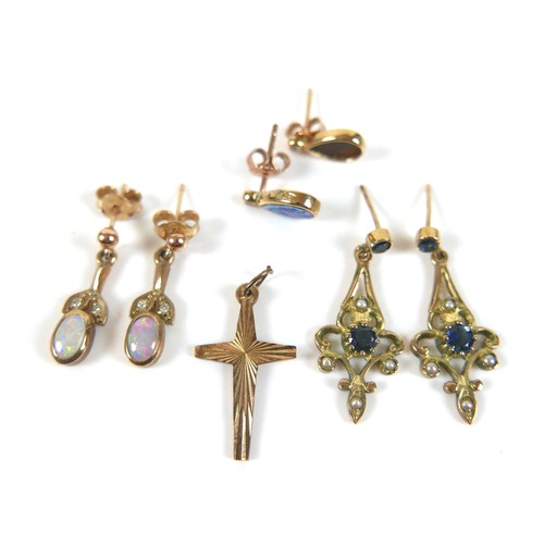 183 - Three pairs of 9ct gold drop earrings, and a 9ct gold crucifix pendant, total 7.5g. (1 bag)