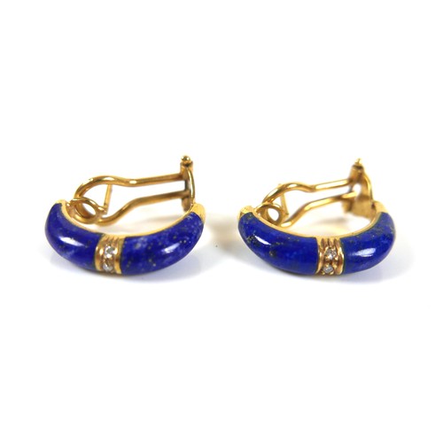 219 - A pair of 18ct yellow gold, lapis lazuli and diamond half hoop earrings, 22mm long with clip backs, ... 