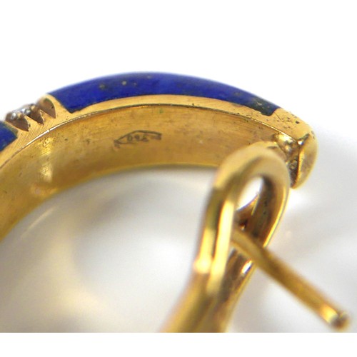 219 - A pair of 18ct yellow gold, lapis lazuli and diamond half hoop earrings, 22mm long with clip backs, ... 