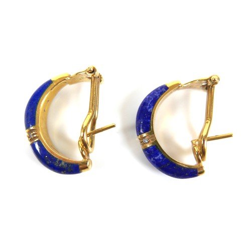 219 - A pair of 18ct yellow gold, lapis lazuli and diamond half hoop earrings, 22mm long with clip backs, ... 