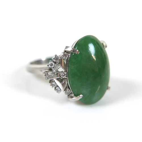 295 - An Art Deco style platinum, jade and diamond ring, head size approximately 22 by 18mm, size L, 10.0g