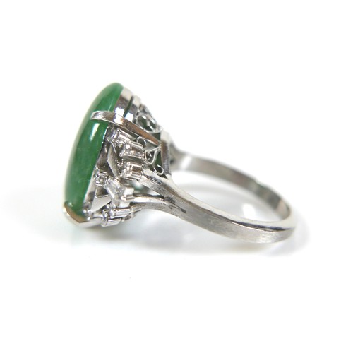 295 - An Art Deco style platinum, jade and diamond ring, head size approximately 22 by 18mm, size L, 10.0g