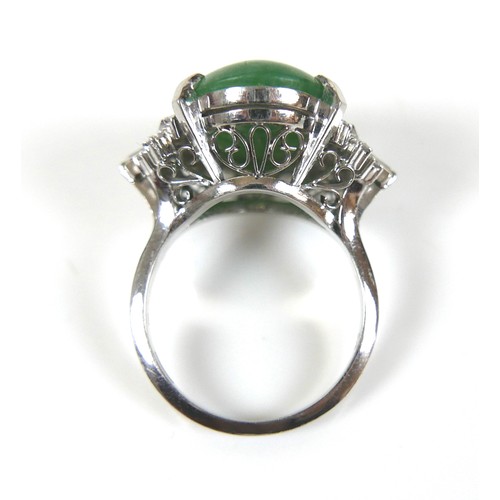 295 - An Art Deco style platinum, jade and diamond ring, head size approximately 22 by 18mm, size L, 10.0g