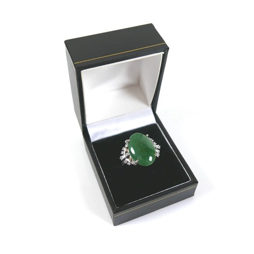 295 - An Art Deco style platinum, jade and diamond ring, head size approximately 22 by 18mm, size L, 10.0g