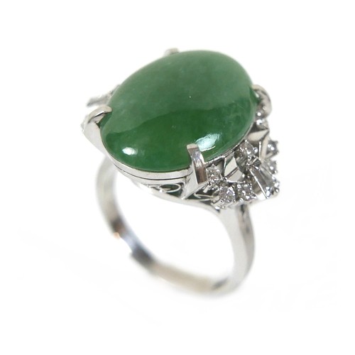 295 - An Art Deco style platinum, jade and diamond ring, head size approximately 22 by 18mm, size L, 10.0g