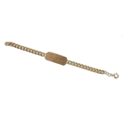 223 - A 9ct yellow gold identity curb link identity bracelet, engraved 'Geoffrey', 21cm long, 13.5g.