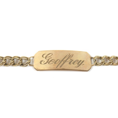 223 - A 9ct yellow gold identity curb link identity bracelet, engraved 'Geoffrey', 21cm long, 13.5g.