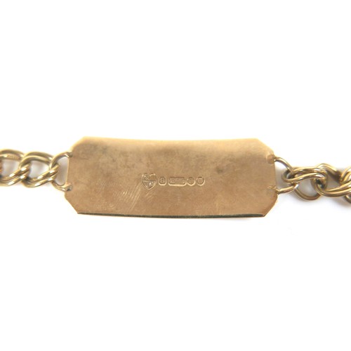 223 - A 9ct yellow gold identity curb link identity bracelet, engraved 'Geoffrey', 21cm long, 13.5g.