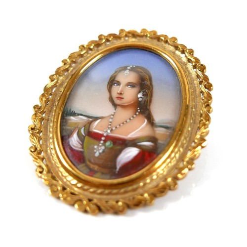 238 - An 18ct yellow gold brooch, inset with a half length oval portrait miniature of a young lady wearing... 