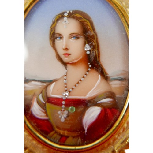 238 - An 18ct yellow gold brooch, inset with a half length oval portrait miniature of a young lady wearing... 