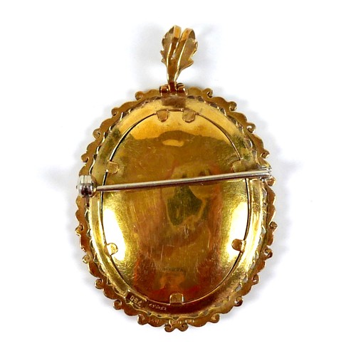 238 - An 18ct yellow gold brooch, inset with a half length oval portrait miniature of a young lady wearing... 