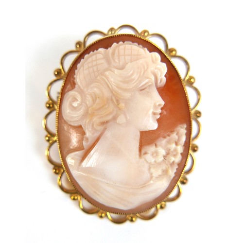 198 - Two 9ct yellow gold brooches, comprising a cameo brooch carved with a female in profile, 35 by 29mm,... 