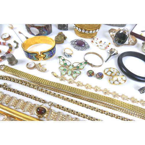 201 - A collection of costume jewellery, including a green stone set bracelet, a pair of Chinese white sto... 