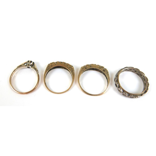 171 - A group of three 9ct gold dress rings, including an emerald and diamond ring, size K, 1.4g, a diamon... 