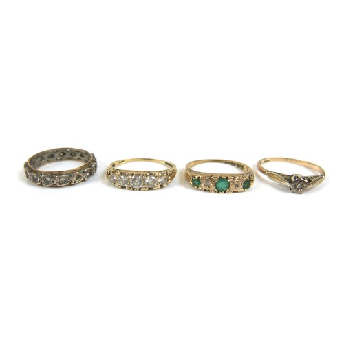 171 - A group of three 9ct gold dress rings, including an emerald and diamond ring, size K, 1.4g, a diamon... 