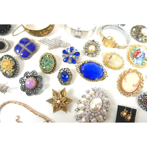 151 - A small group of costume jewellery, including a pair of 9ct gold cameo earrings, brooches, necklaces... 