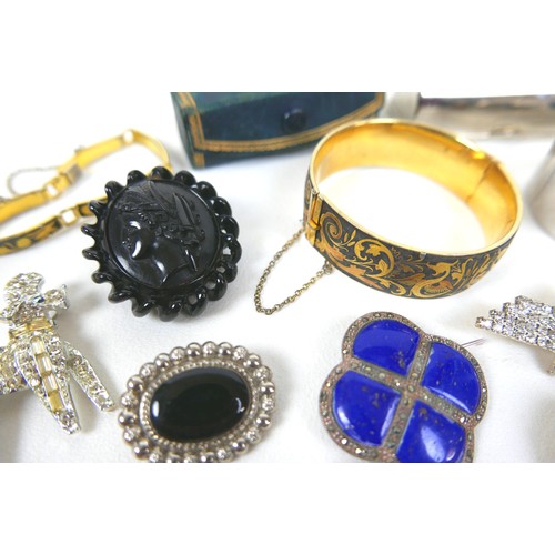 151 - A small group of costume jewellery, including a pair of 9ct gold cameo earrings, brooches, necklaces... 