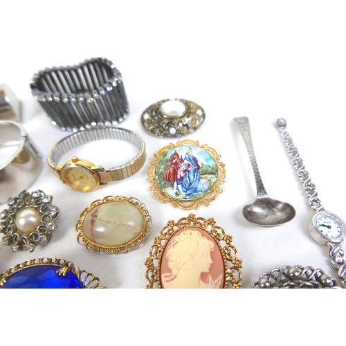 151 - A small group of costume jewellery, including a pair of 9ct gold cameo earrings, brooches, necklaces... 