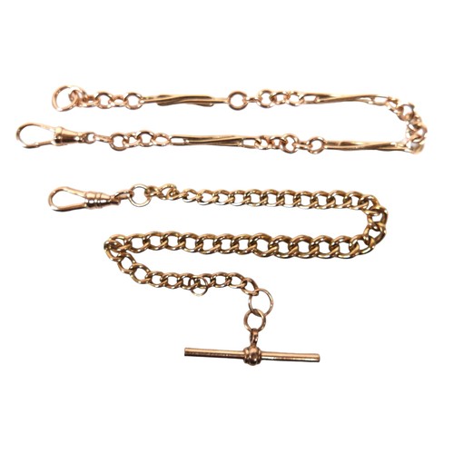 266 - Two short gold chains, one a graduating kerb link with T bar and clasp, 23cm, 15.5g, the other a fan... 