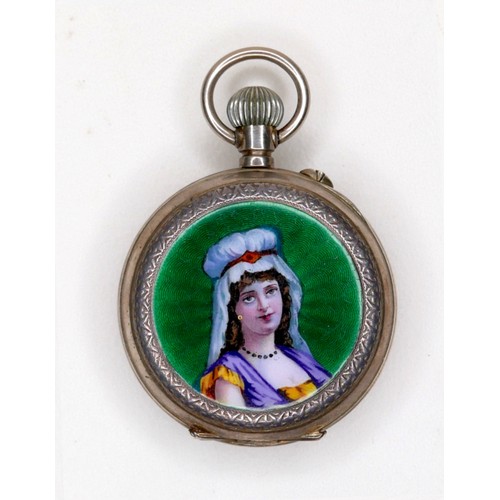 104 - An 800 silver and enamel pocket watch, keyless wind, the enamelled back depicting a young lady in a ... 