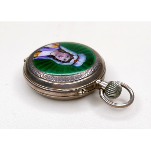 104 - An 800 silver and enamel pocket watch, keyless wind, the enamelled back depicting a young lady in a ... 