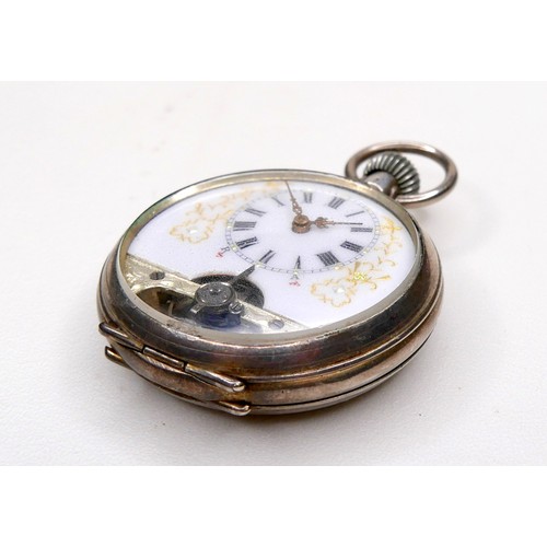 104 - An 800 silver and enamel pocket watch, keyless wind, the enamelled back depicting a young lady in a ... 