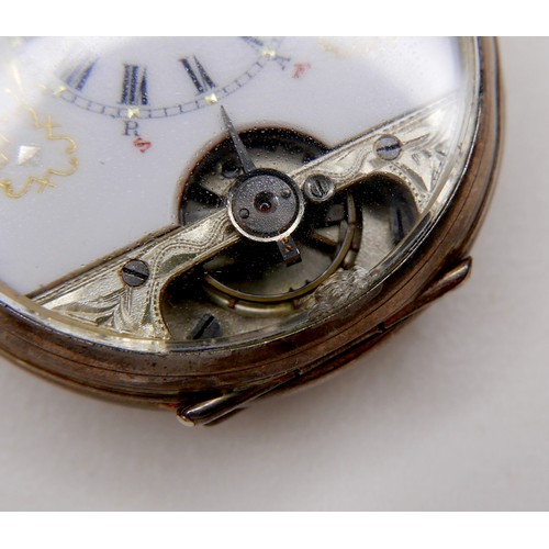 104 - An 800 silver and enamel pocket watch, keyless wind, the enamelled back depicting a young lady in a ... 